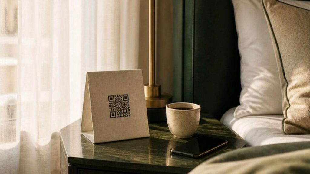 Table de nuit d'une chambre d'hôtel avec un chevalet QR code de conciergerie
