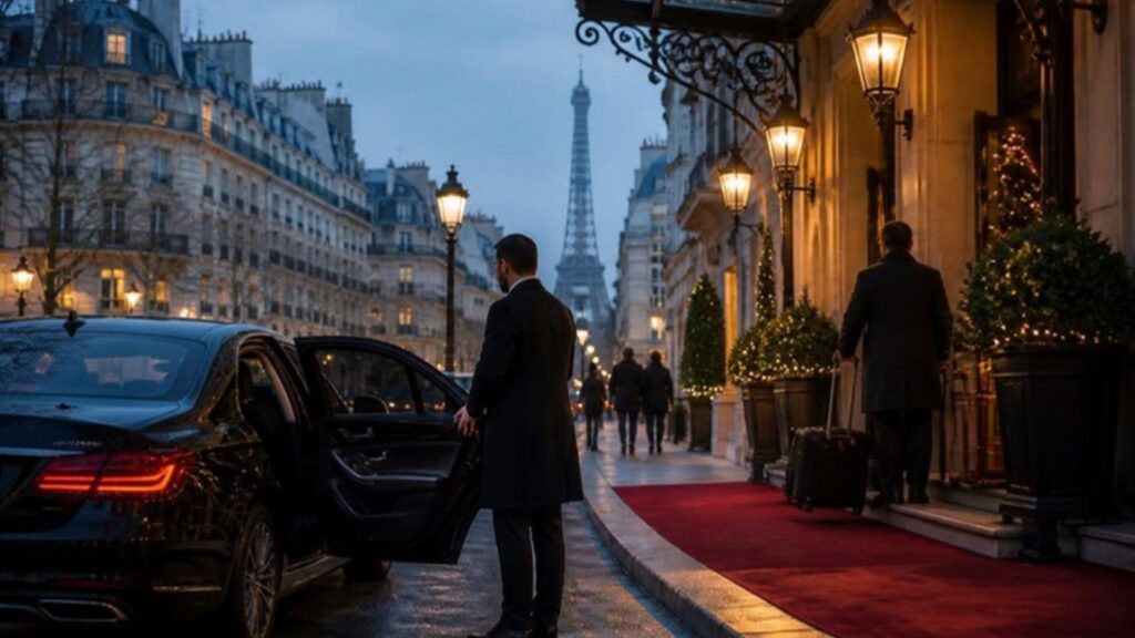 Un chauffeur attend un client devant l'entrée d'un hôtel à l'aube