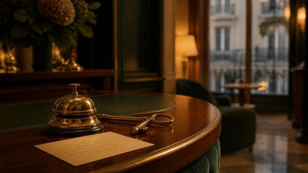 Comptoir de conciergerie d'un hôtel, sonnette en laiton et carte de recommandations