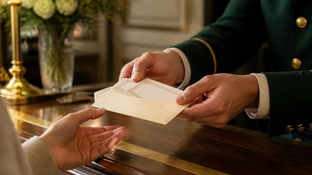 Un concierge remet une enveloppe à un client au comptoir de l'hôtel